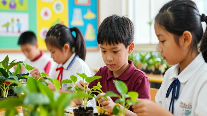 Alumnos observan plantas en aula colorida