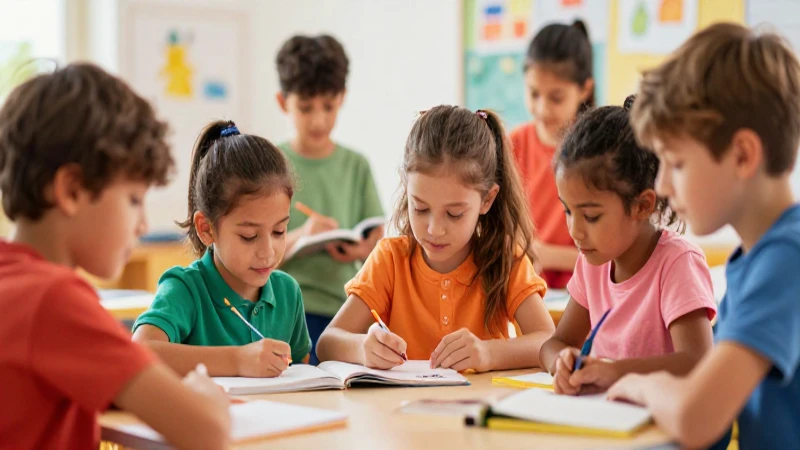Niños aprenden alegres en ilustración vibrante