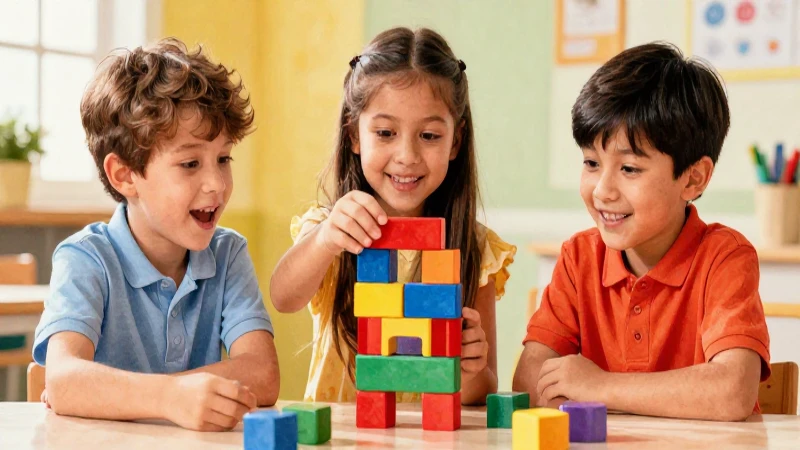 Niños construyen una torre colorida con entusiasmo