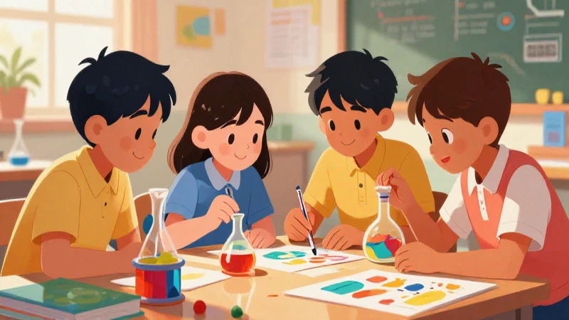 Ilustración vibrante de alumnos colaborando en ciencia