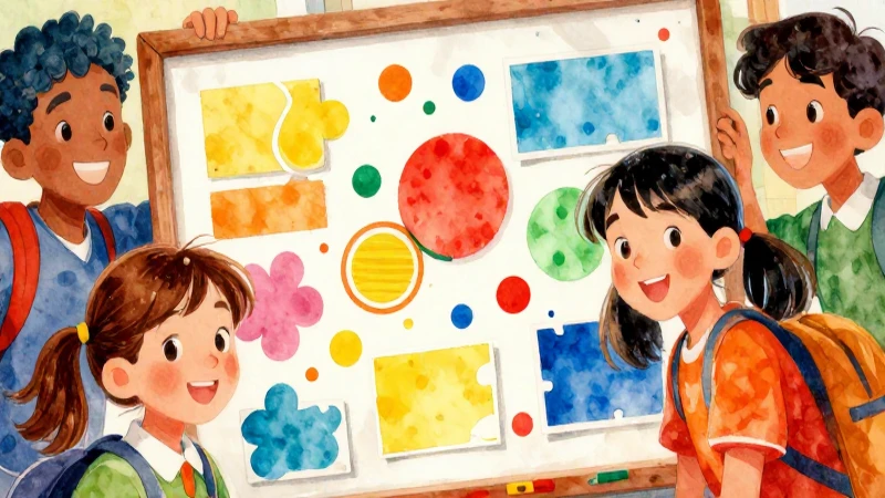 Niños sonríen alrededor de un colorido proyecto escolar