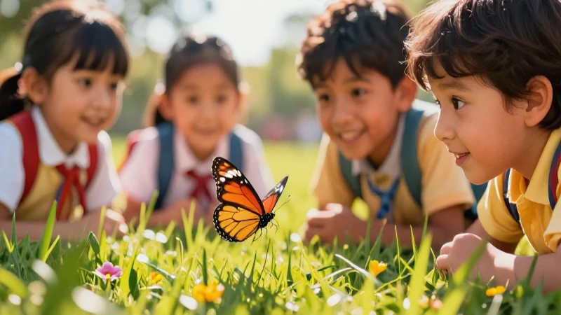 Niños observan una mariposa en un prado