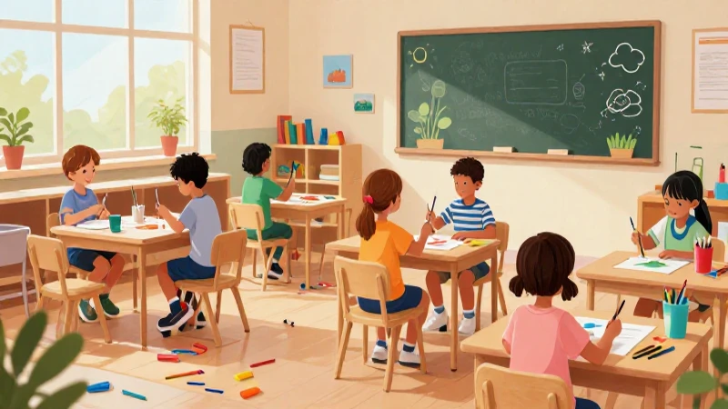 Niños pintan creativamente en un aula vibrante