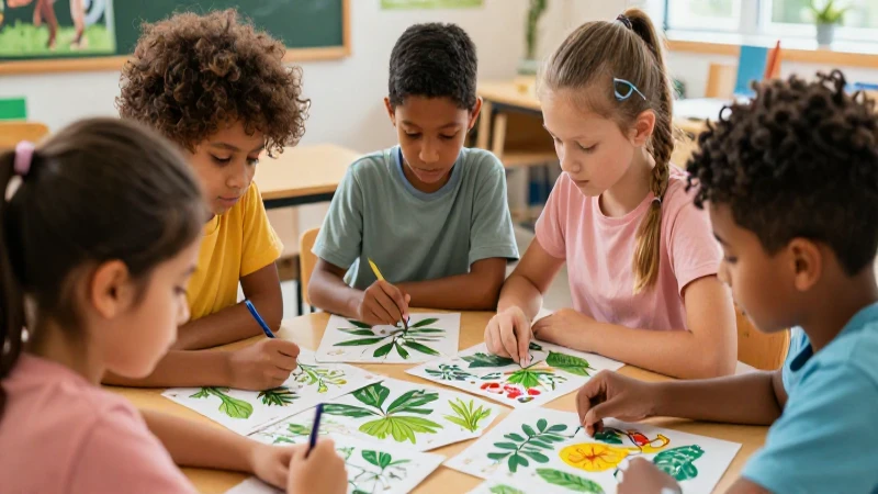 Niños diversos exploran la naturaleza con detalle