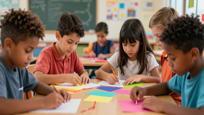 Niños diversos crean artesanías en clase