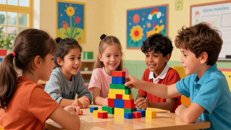 Niños construyen una torre colorida con bloques
