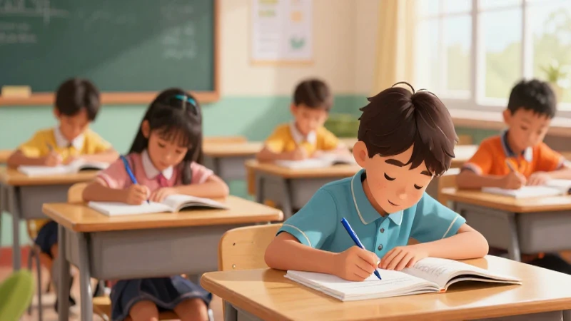 Niños aprenden en aula colorida e ilustrada