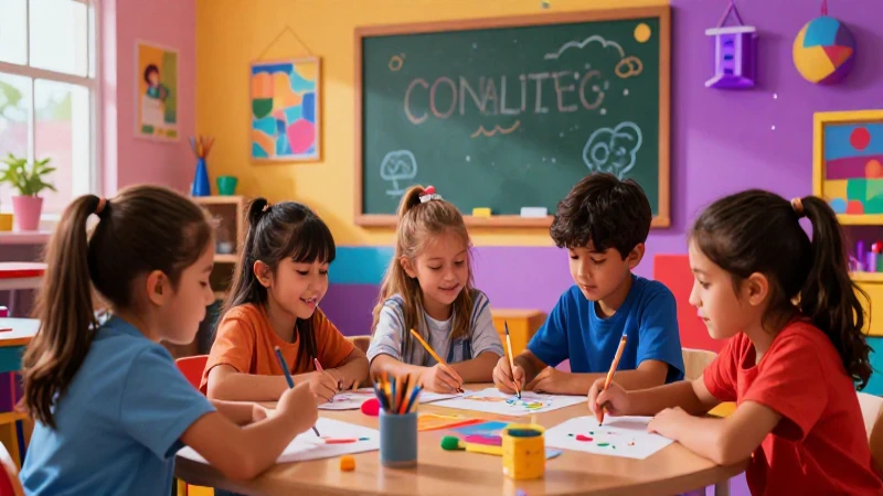 Niños aprenden activamente en un aula colorida