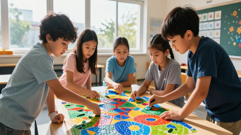 Niños crean un mosaico colorido y dinámico