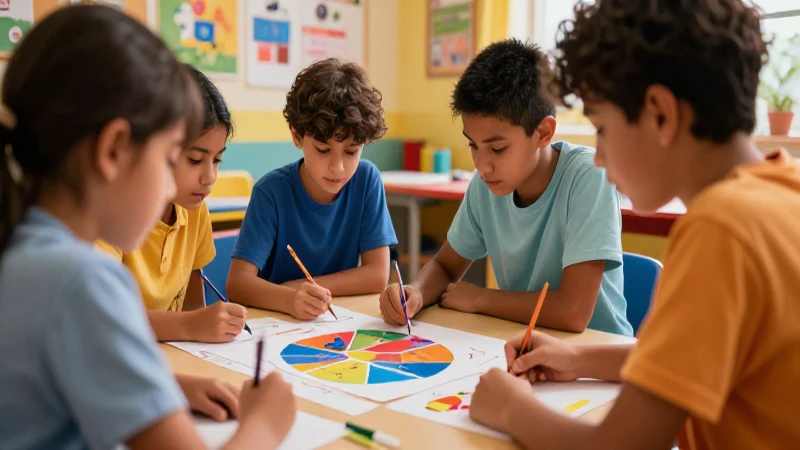 Proyectos de aula Sexto grado de Primaria (2025-2026) 27 Ilustración didáctica vibrante con alumnos colaborando
