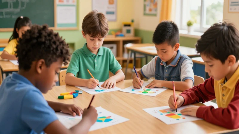Aula escolar diversa y llena de actividad