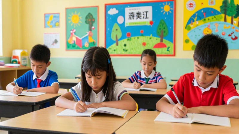 Aula colorida retrata niños curiosos estudiando