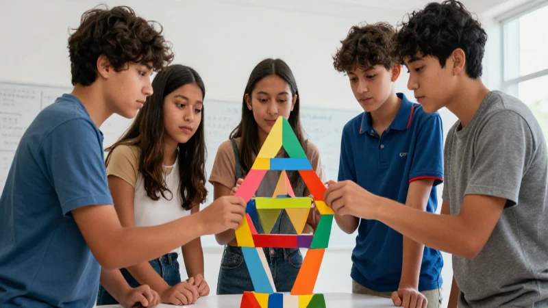 Ilustración vibrante sobre jóvenes construyendo algo geométrico