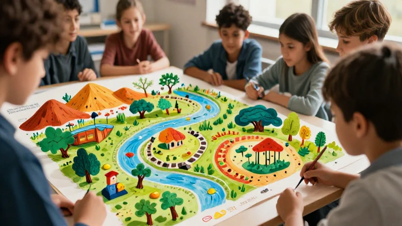 Diorama educativo vibrante con iluminación cinematográfica