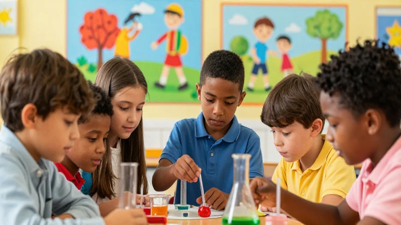 Niños diversos colaboran en un proyecto científico