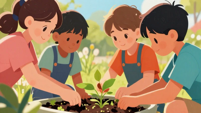 Niños colaboran en un jardín vibrante