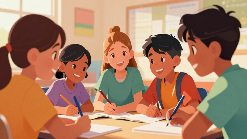 Ilustración alegre muestra niños aprendiendo juntos