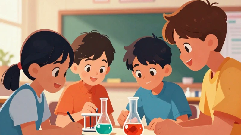 Niños aprenden ciencia en ilustración vibrante