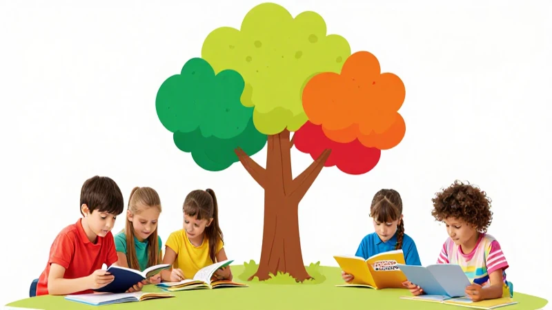 Ilustración educativa vibrante con niños leyendo