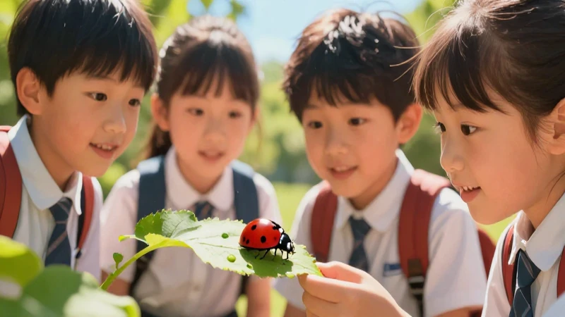 Niños observan una mariquita con detalle