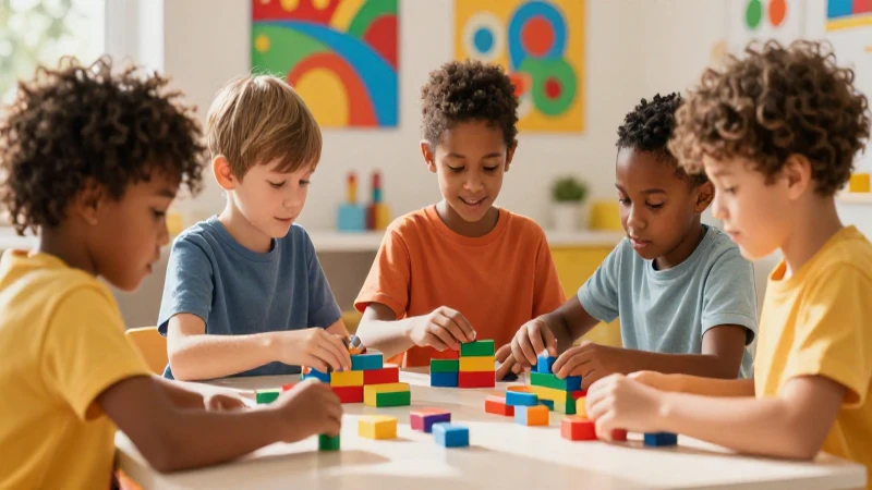 Niños construyen juntos con bloques coloridos