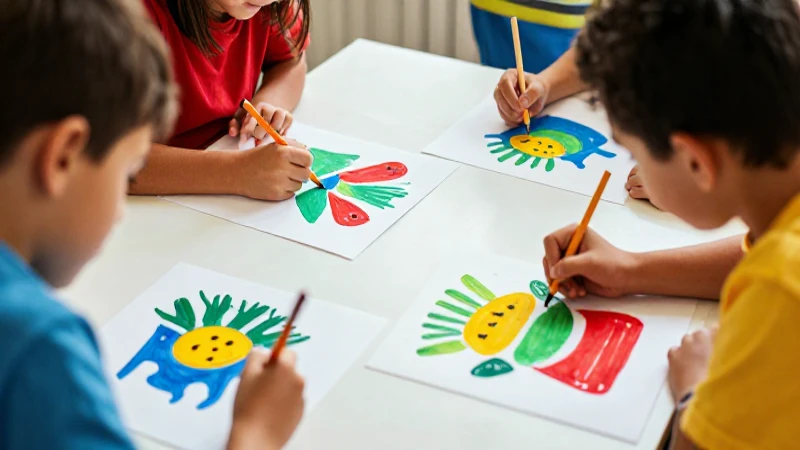 Niños pintan juntos con colores brillantes