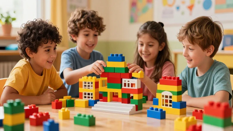 Niños construyen una escuela con bloques coloridos