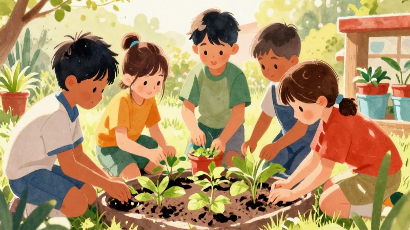 Niños colaboran en jardín, estilo acuarela vibrante