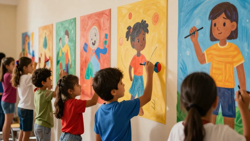 Niños pintan murales educativos vibrantes y modernos