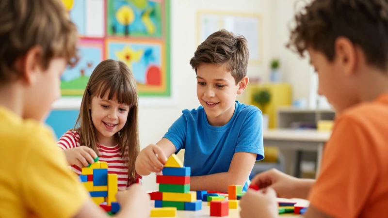 Aula infantil vibrante con niños construyendo