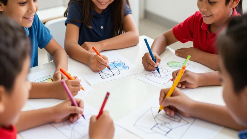 Niños dibujan juntos, colores vivos y alegres