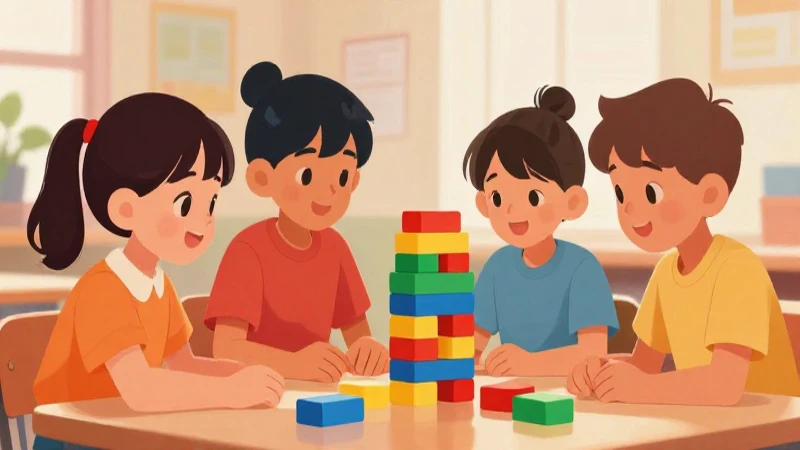 Niños construyen una torre colorida y alegre