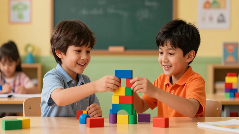 Niños construyen una torre alegremente