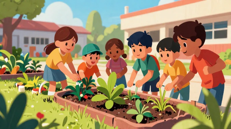 Proyectos escolares Sexto grado de Primaria 2025-2026 23 Niños colaboran en un jardín escolar colorido