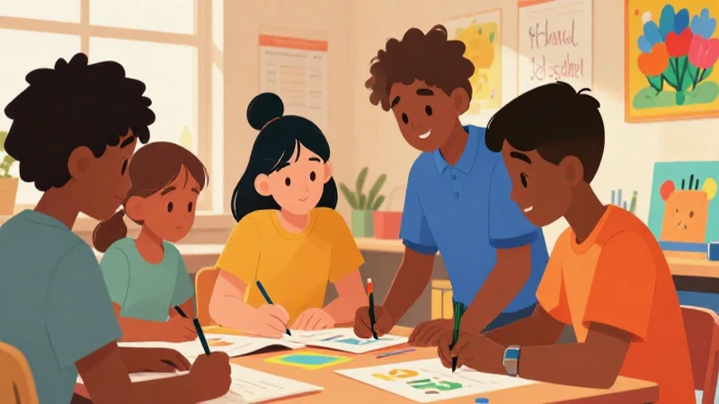 Estudiantes diversos colaboran en aula colorida