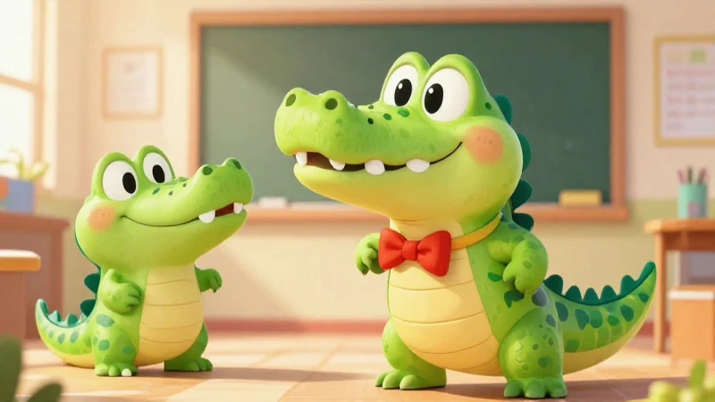 Crocodilo amigable con lazo en ilustración vibrante