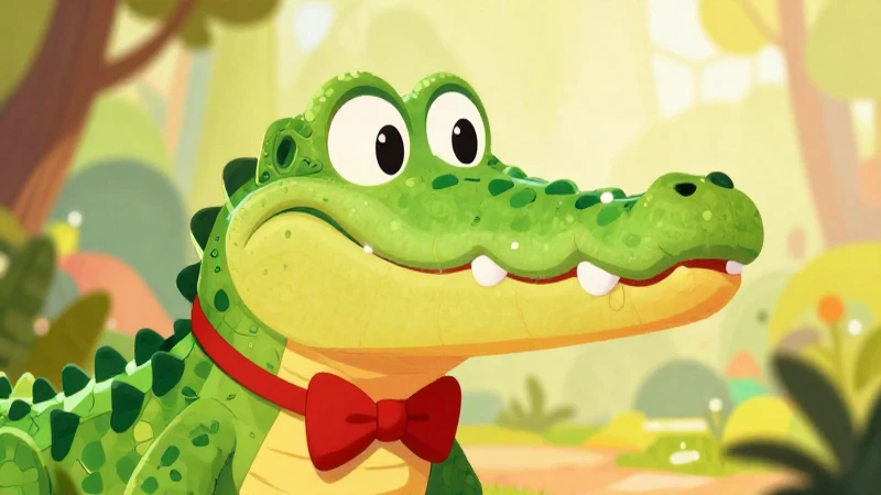 Cocodrilo amigable con lazo, ilustración vibrante