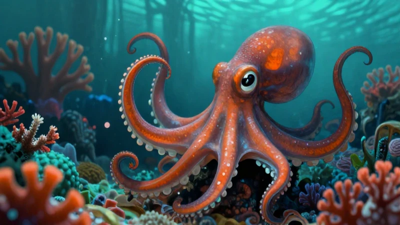 Pulpo en arrecife bioluminiscente, estilo educativo