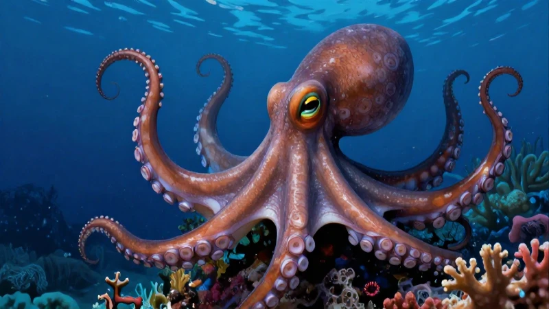 Pulpo majestuoso en arrecife bioluminiscente y dramático
