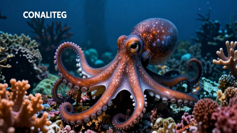 Pulpo en arrecife, ilustración educativa vibrante