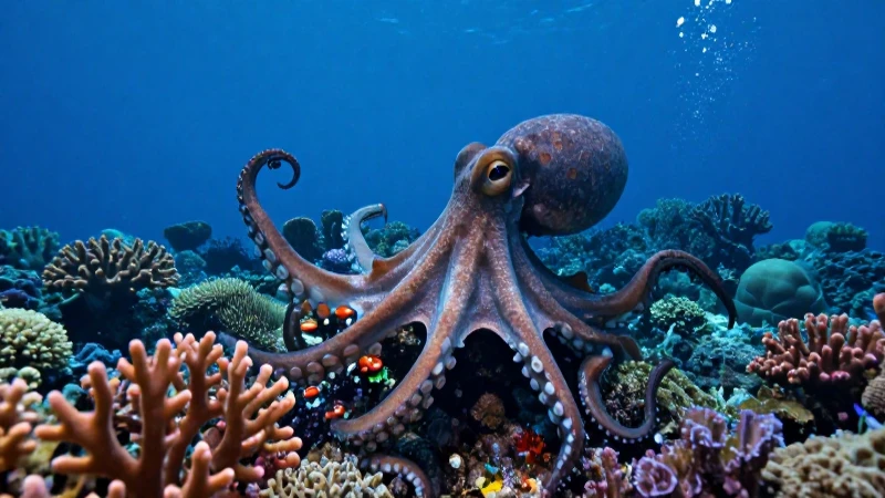 Pulpo azul en arrecife, ilustración educativa profesional