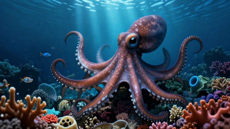 Pulpo realista en arrecife marino vibrante