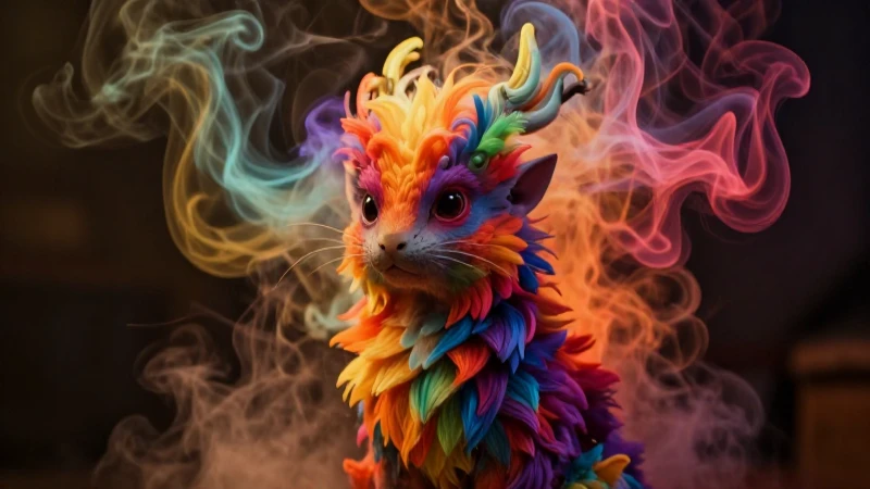 Alebrije colorido emerge en humo dramático
