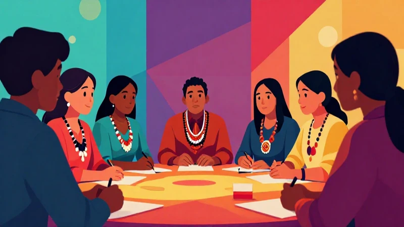Ilustración vibrante y moderna de comunidad indígena
