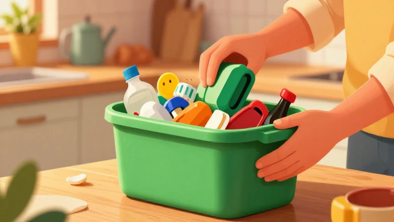Cocina vibrante muestra reciclaje ordenado y alegre