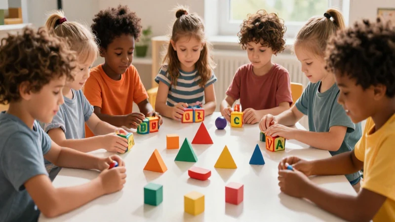 Ilustración infantil vibrante con bloques y diversidad