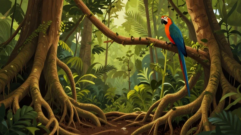 Selva exuberante con colores cálidos y vibrantes