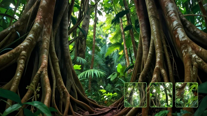 Selva exuberante, raíces antiguas y puerta oculta