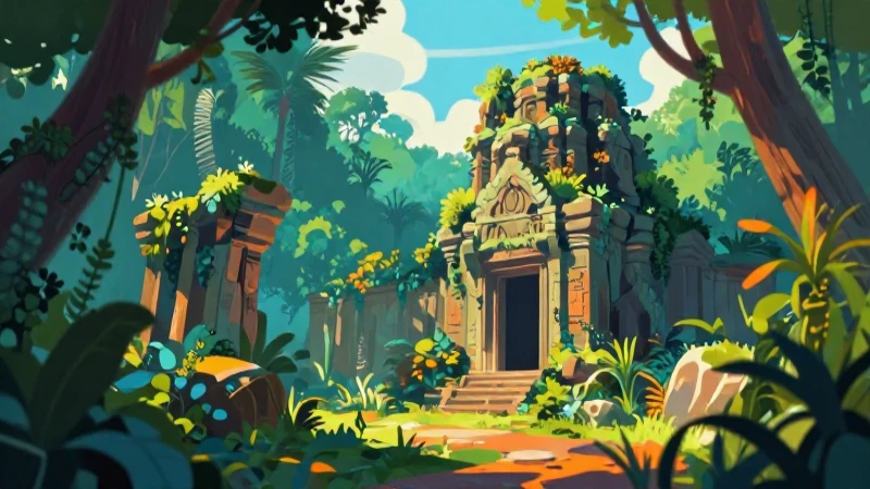Ruinas exuberantes, coloridas y con luz dramática