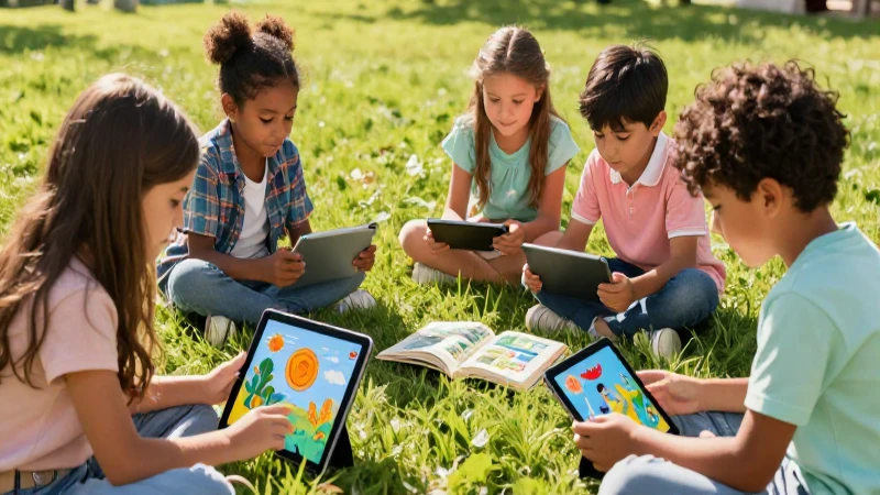 Niños aprenden en un prado soleado y vibrante